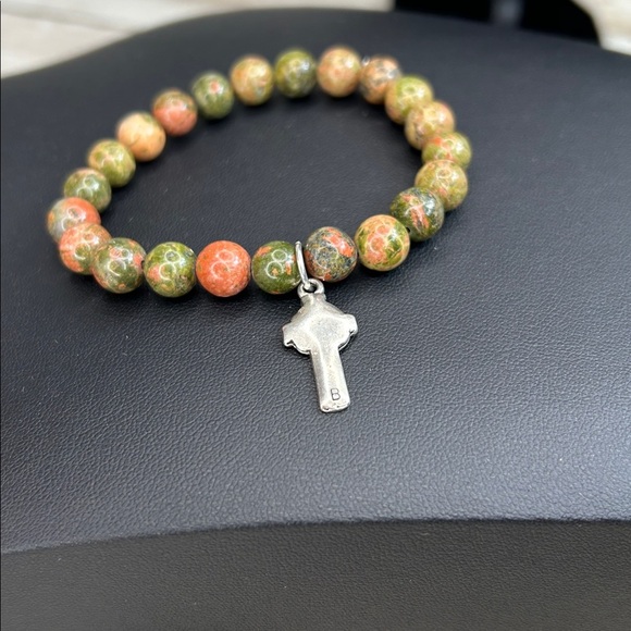 Unakite Stone Beaded Bracelet with Cross Charm - Picture 5 of 8